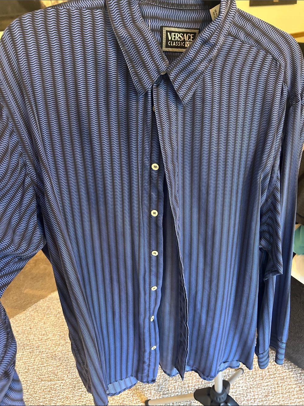 Versace Blue Striped Wave-Pattern Dress Shirt